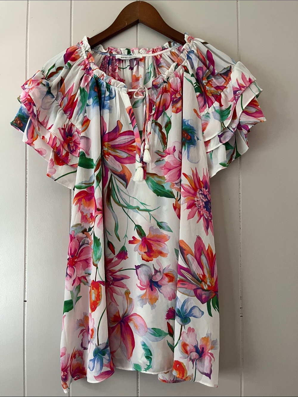 Floral Ruffled Off-Shoulder Women's Top - White/Multi - Picture 2 of 6